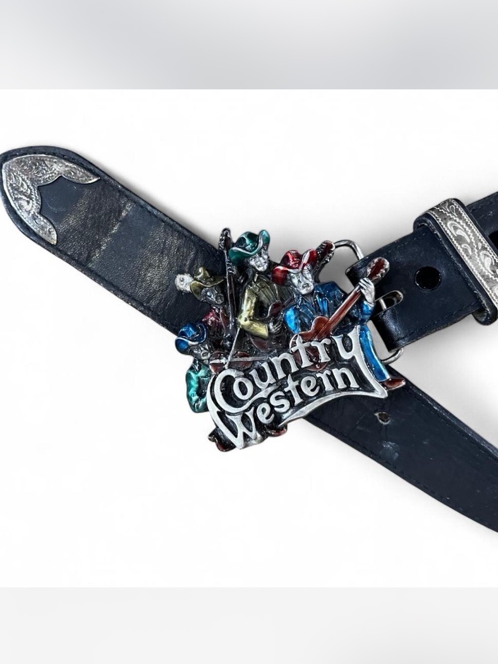 Black Leather Made In USA Belt with Multicolor Country Western Buckle